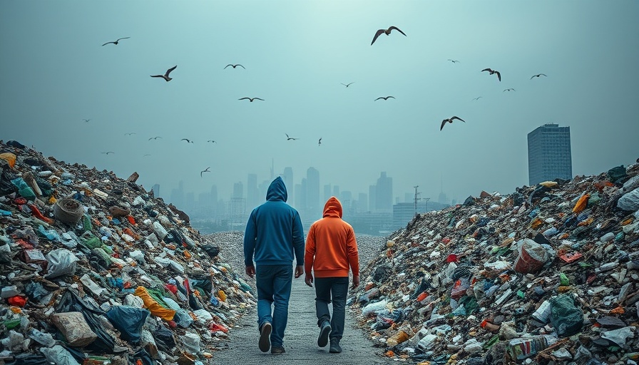 Global Plastic Action Partnership: People walking through landfill with city view.