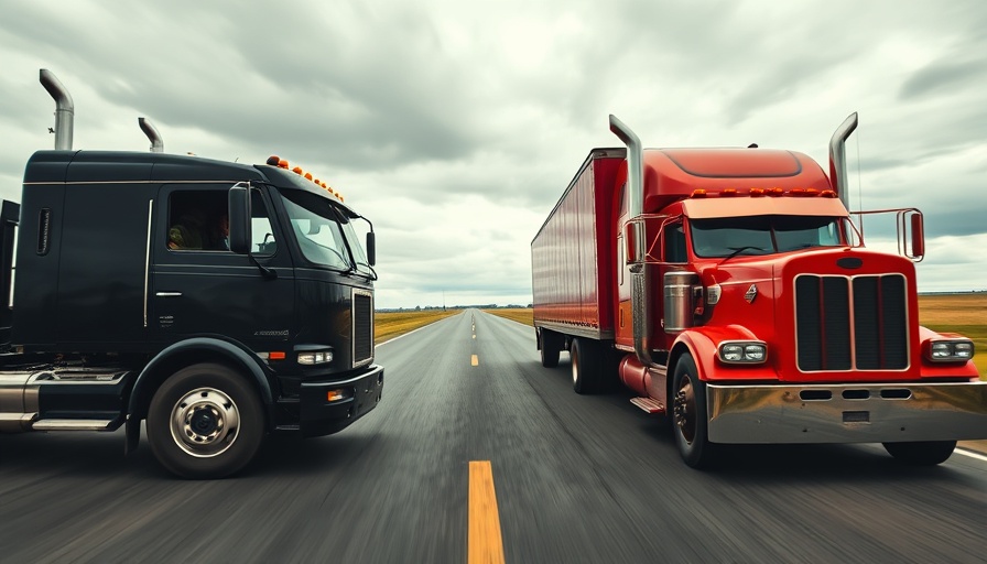 Two trucks facing off in a drag race on an open road.