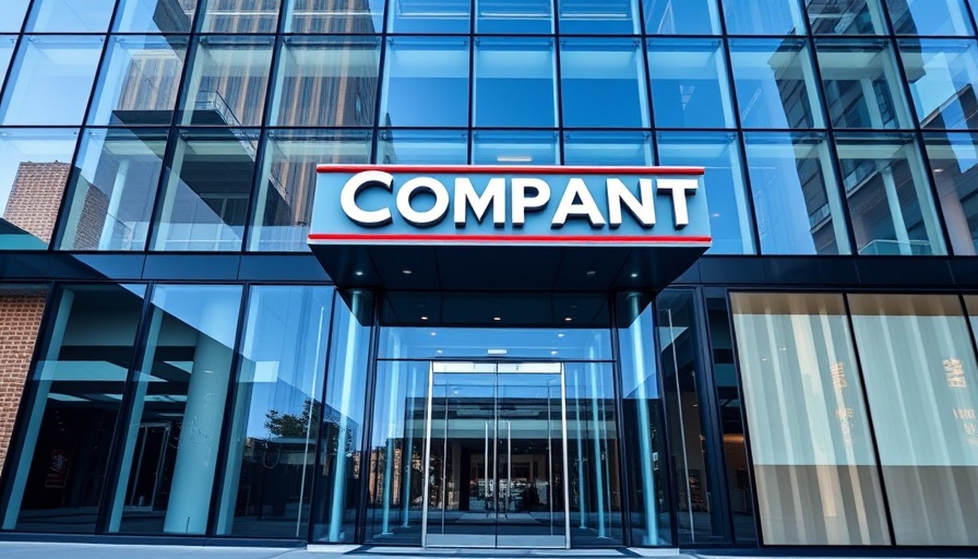 Modern glass building entrance with company signage, reflecting urban architecture.