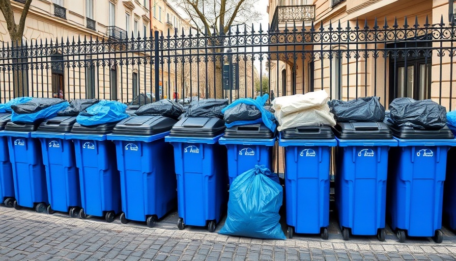 Organized blue trash bins and bags on cobblestones, lawsuit against Reynolds Consumer Products.