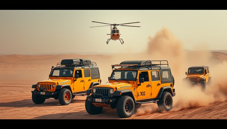 Off-road rally under helicopter, Johnson Valley desert.