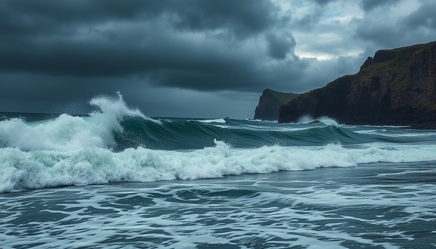 Rogue waves during Hurricane Lorena crash on shore under stormy skies.