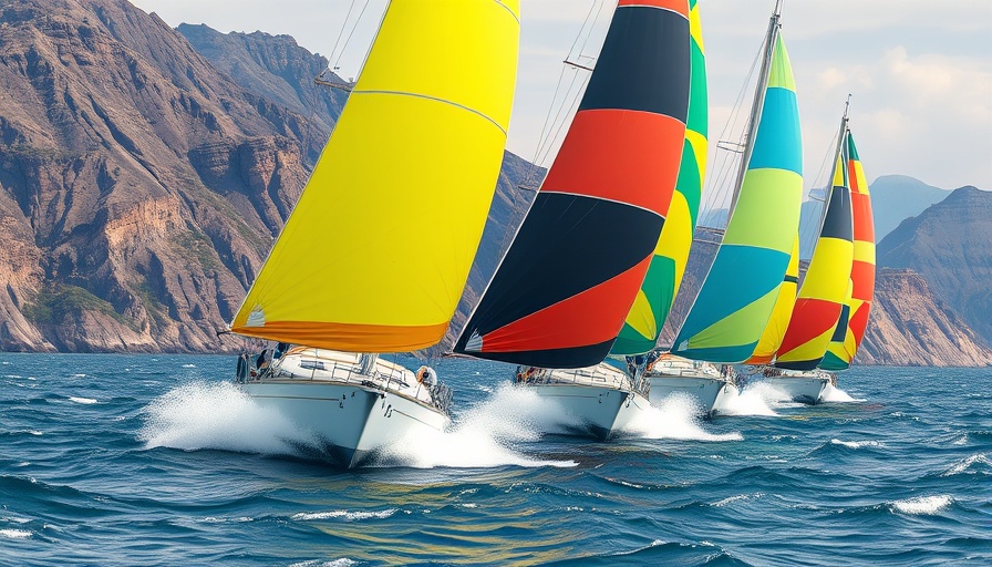 Racing sailboats in The Ocean Race Europe challenge near rocky coastline.