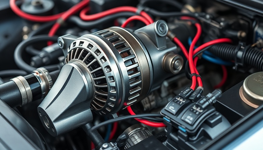 Close-up of one-wire alternator upgrade in car engine compartment.