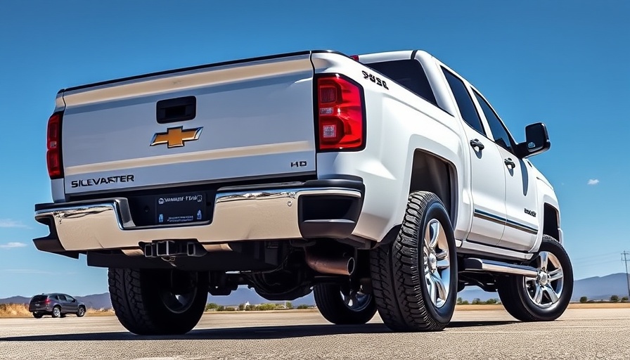 White Chevrolet Silverado showcasing Flowmaster GM 6.6L HD Muffler in a lot.