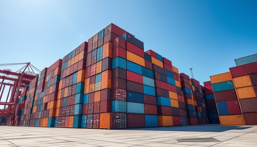 Stacks of shipping containers at an industrial port; PET resin tariffs.