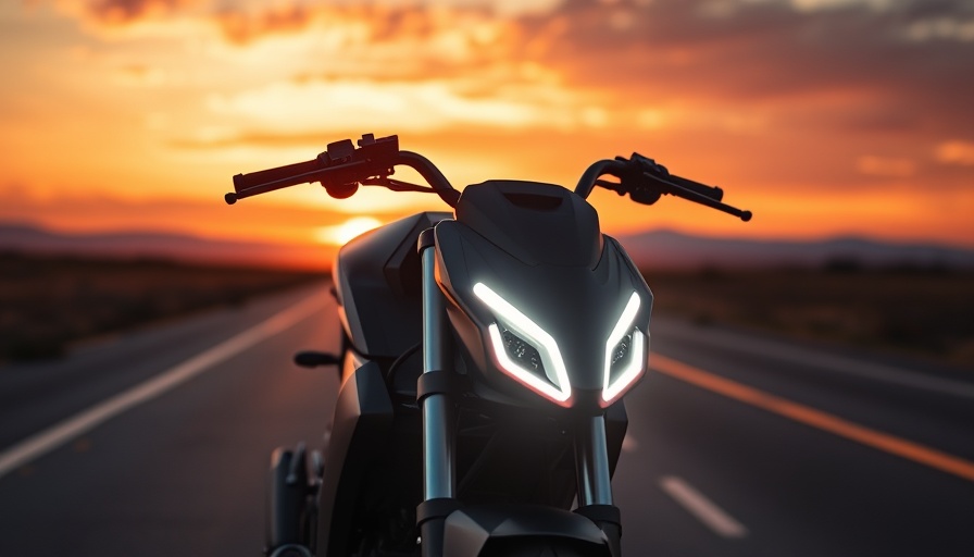 Electric motorcycle 2025 with glowing headlight at sunset.
