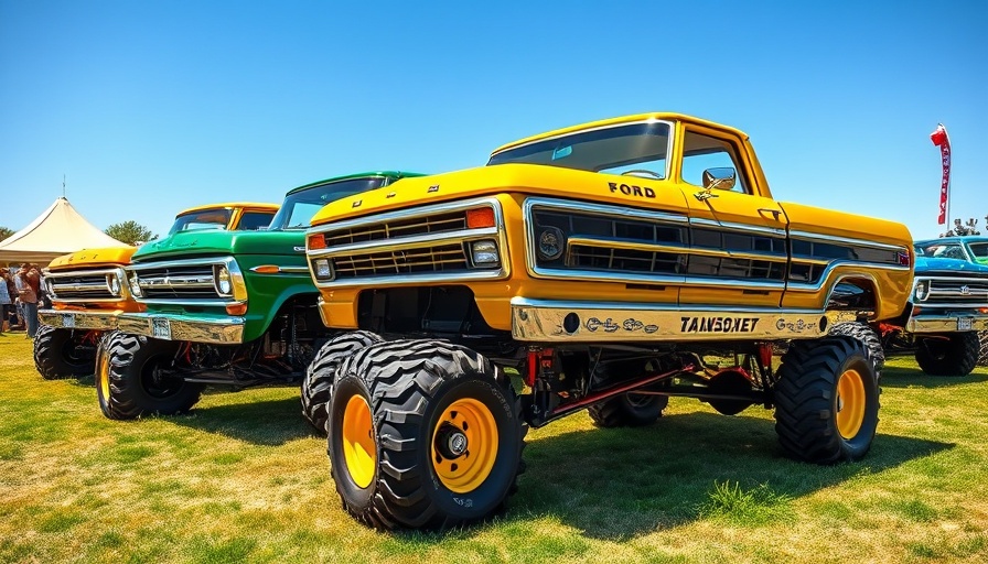 Colorful vintage Ford trucks at a car show.
