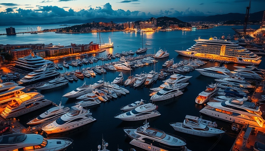 Aerial view of the Fort Lauderdale International Boat Show 2025 evening event.