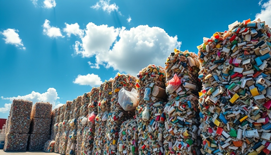 Massive stacks of compacted recyclables under blue sky.