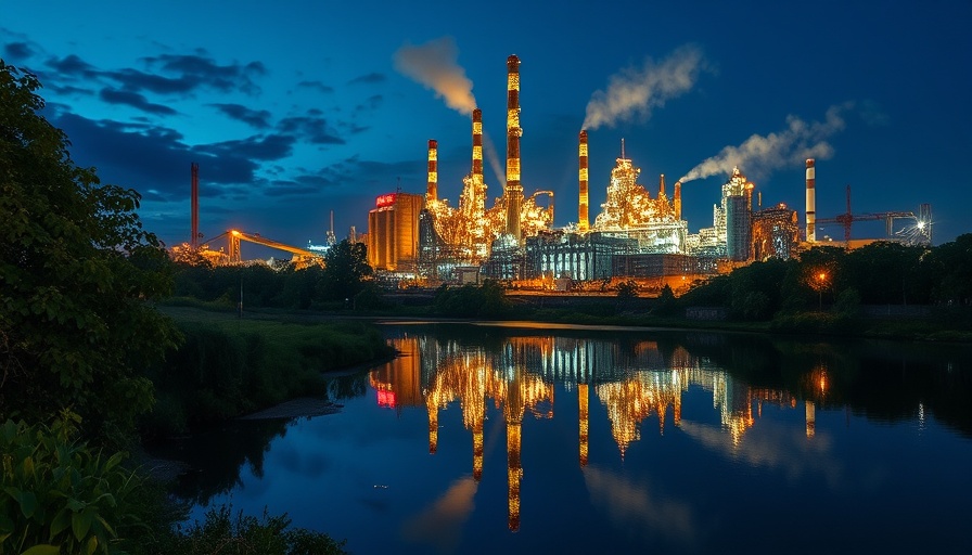 Industrial factory reflecting in water at twilight for chemically recycled PE.