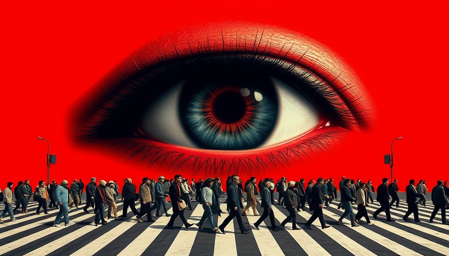 Surveillance eye overseeing people in China. Symbolic and bold design.
