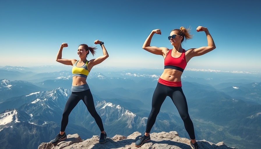 Two women flexing on a mountain top, vibrant outdoor adventure.