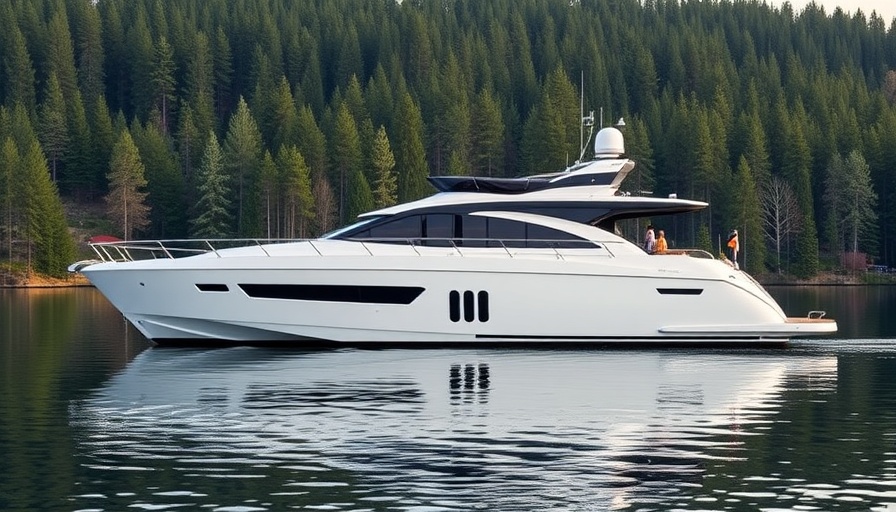 Nordhavn 47 yacht for sale on tranquil lake with forest backdrop.
