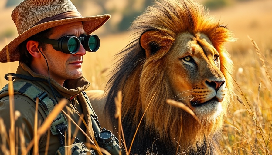 Explorer and lion in tall grass on safari, adventurous scene.