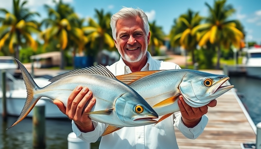 Man holding dorado fish in Florida Keys marina, bright day