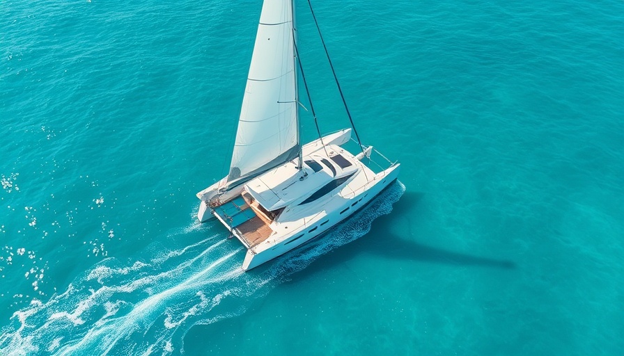 Aerial view of inflatable wingsails catamaran sailing on blue ocean.