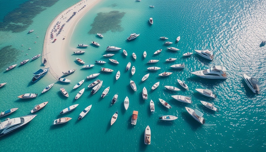 Aerial view of boats around Key West sandbar in turquoise water.