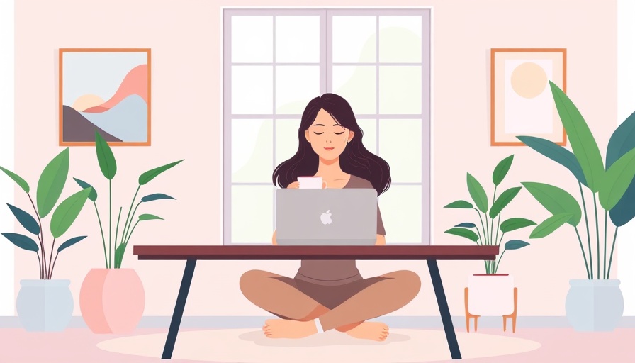 Colorful illustration of mindful meditation at a desk with plants.