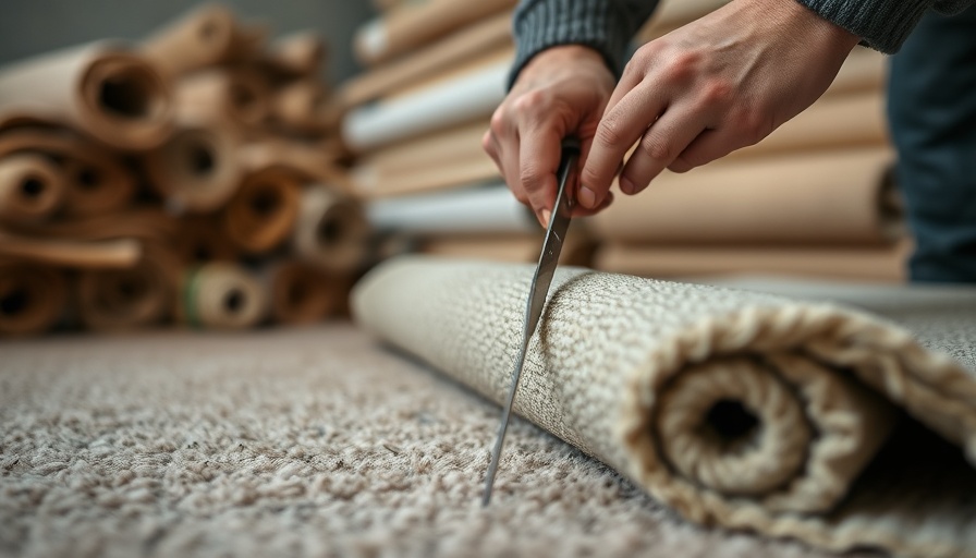 Close-up of carpet cutting process, emphasizing California carpet recycling rate 2024.