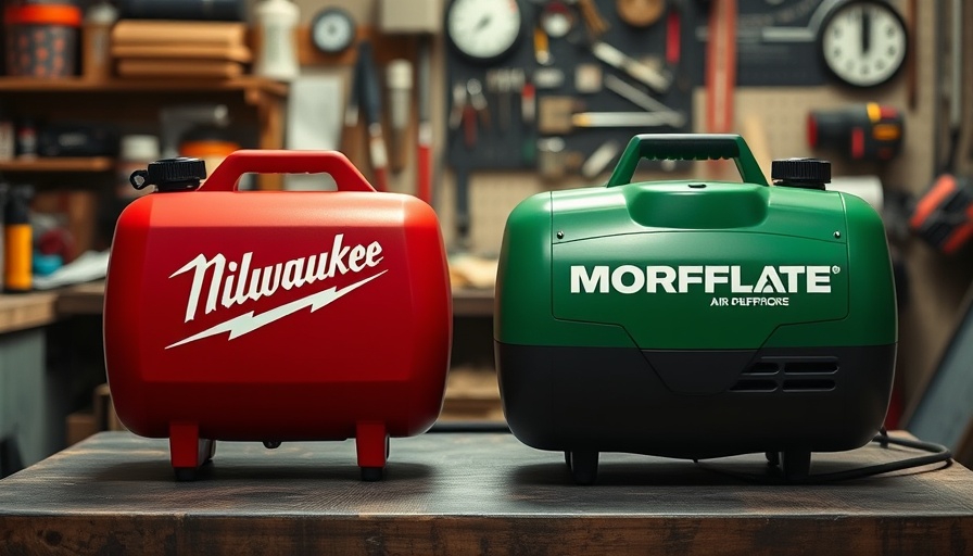 Milwaukee vs. MORRFlate air compressor comparison in garage.