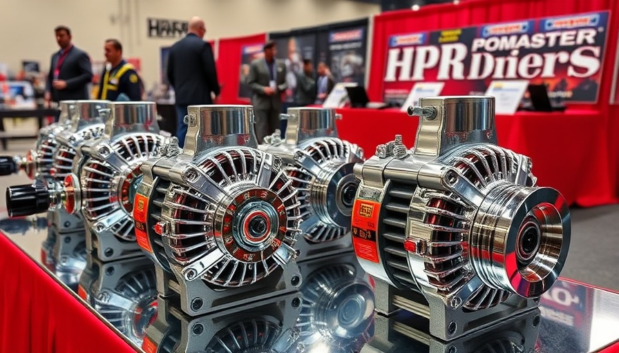 Powermaster HPR alternators showcased at trade show on red table.
