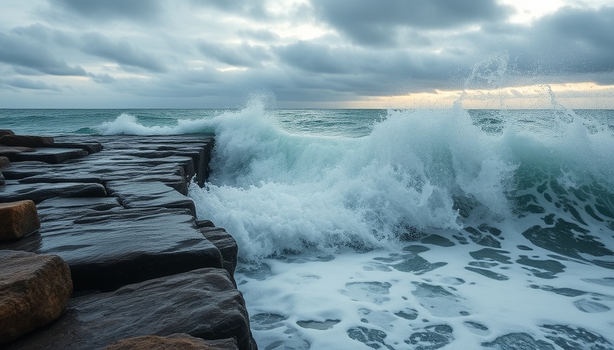 Ocean waves hitting rocks during Hurricane Erin, showcasing nature-based solutions.
