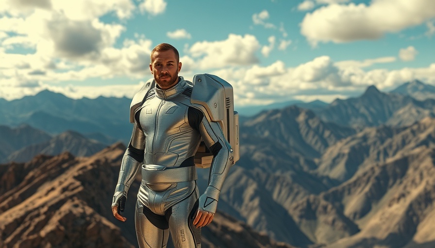 Futuristic person in silver suit with jetpack under cloudy sky.