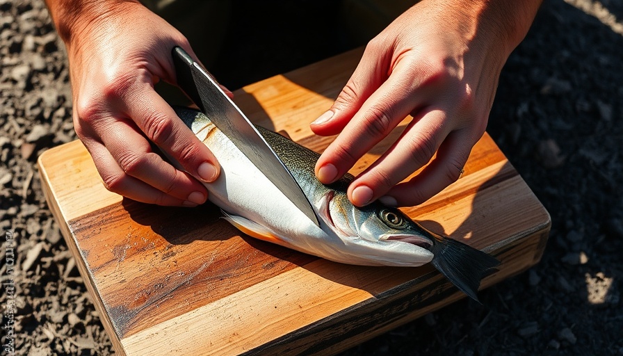 Hands filleting fish outdoors on wooden board, how to fillet a fish step-by-step.