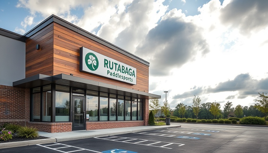 Rutabaga Paddlesports Closure: store exterior with sign and parking lot.