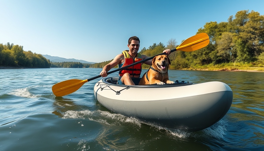 Inflatable kayak V-hull design used by man with dog on river.