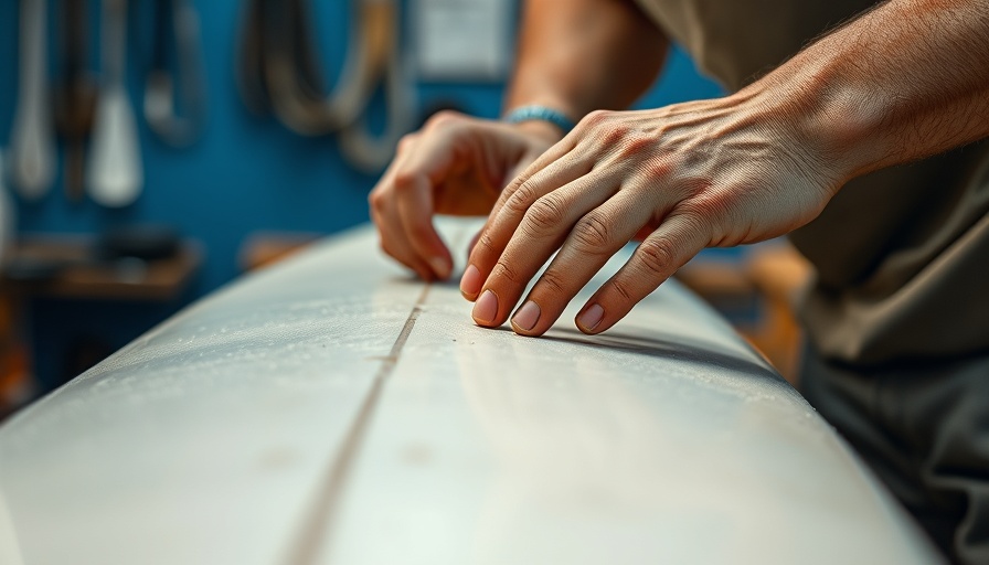 Hand shaping surfboard at 2025 Boardroom Show Masterclass, detailed craftwork.