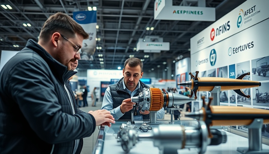 Men examining aerospace components at a manufacturing trade show.