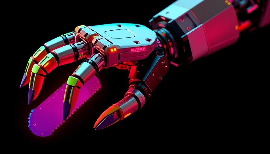 Futuristic AI-powered robotic limb in vibrant colors against black.