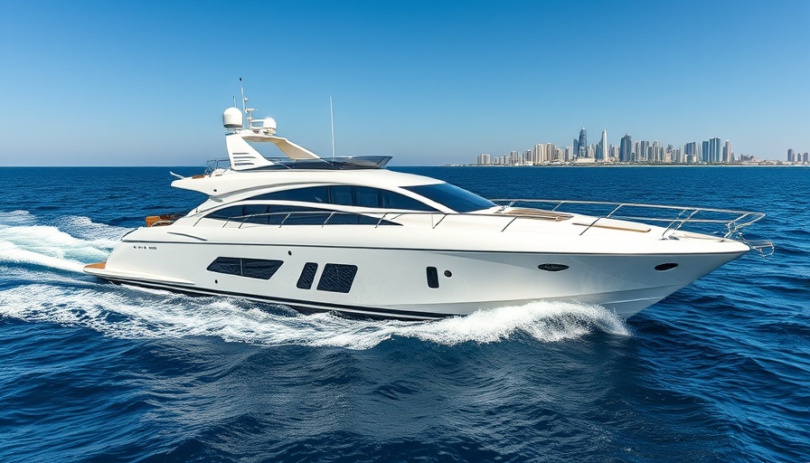 Luxurious Benetti 34M Oasis yacht cruising with city skyline in background.