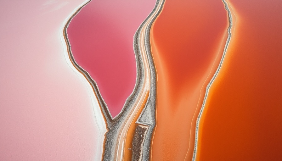 Aerial view of stunning pink lakes divided by white paths.