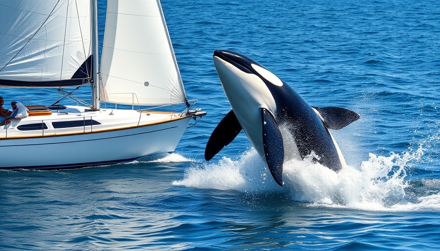 Killer whale breaching beside sailboat in dramatic ocean scene.