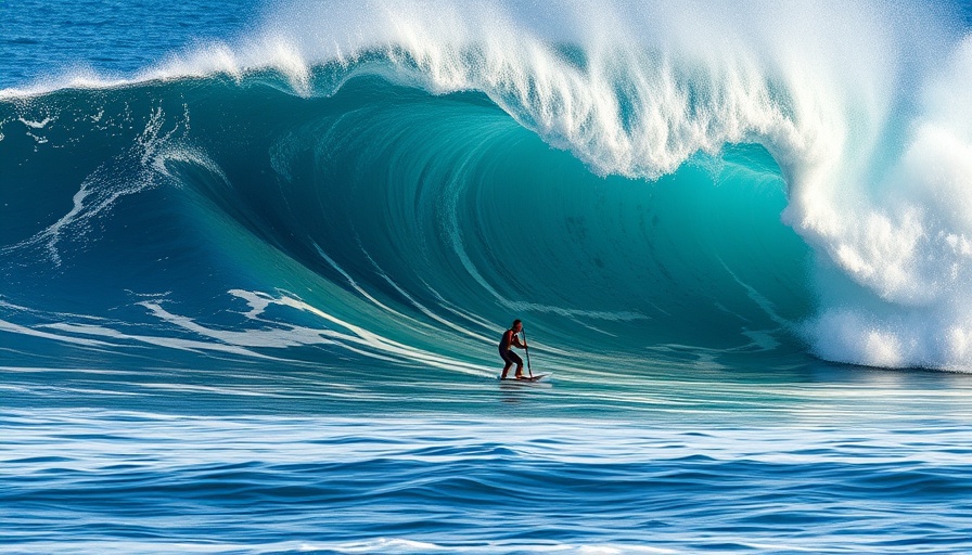Surfer paddling towards dangerous surf waves in deep blue ocean.