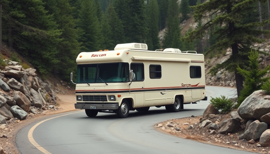 1995 Revcon Trailblazer RV driving on forested mountain road.