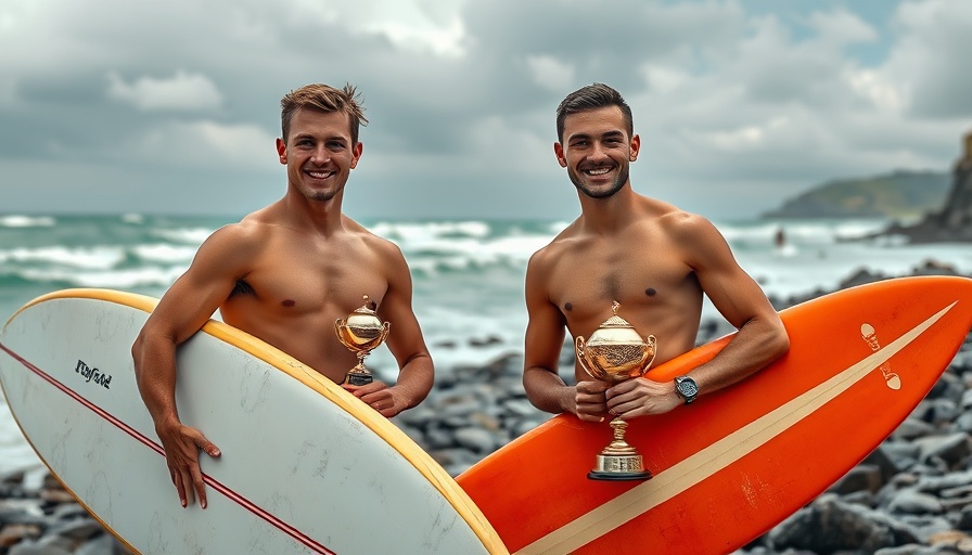 Formula Wing World Champions: two male athletes celebrate with surfboards and trophies on rocky beach.