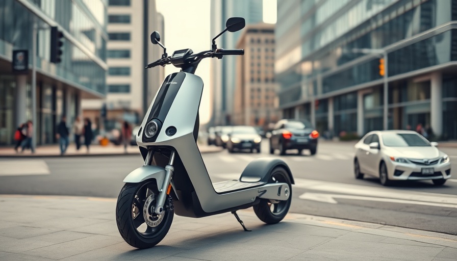 Futuristic electric scooter in cityscape showcasing environmental benefits.