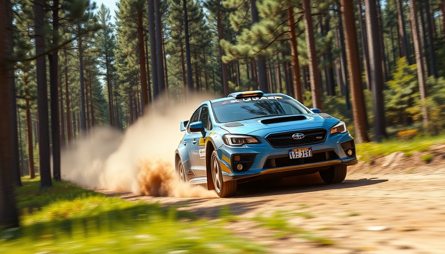 Subaru rally car at Overmountain Rally in a forest trail.