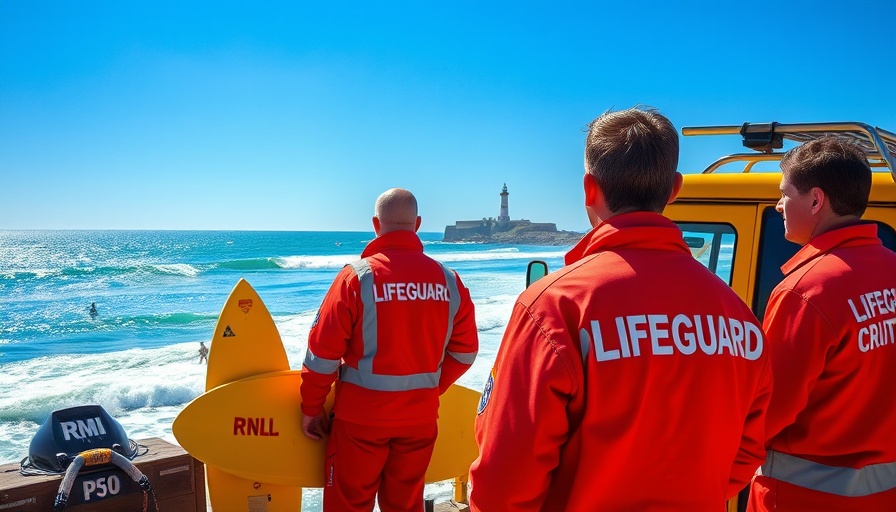 Lifeguards at Cornwall beach with RNLI truck, surfers in water.