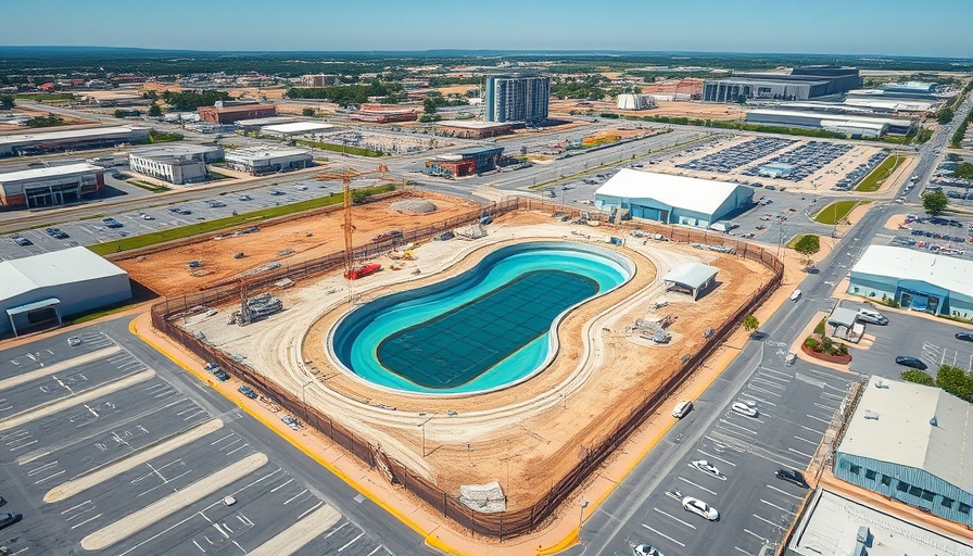 Aerial view of wave pool construction site in urban Los Angeles.