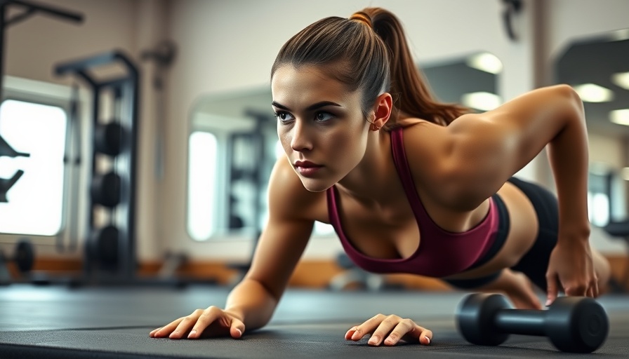 Fit woman focused on push-ups in gym, postpartum workout plan inspiration.