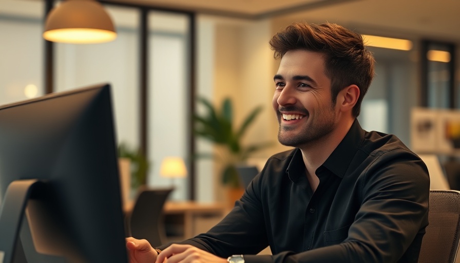 Smiling man engaged in conversation in warmly lit office.