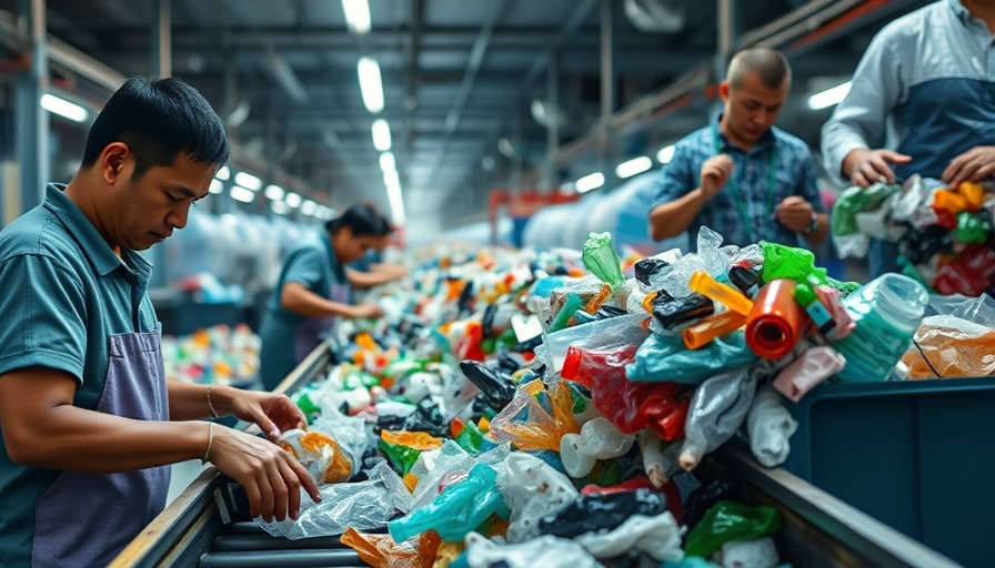 Workers sorting plastic waste in Bangkok recycling facility.