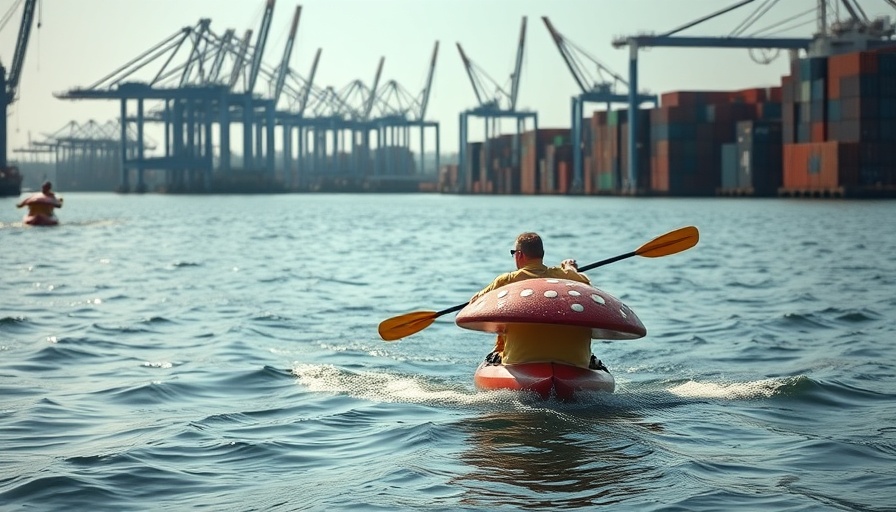 Kayaker on mushroom boat near industrial port.