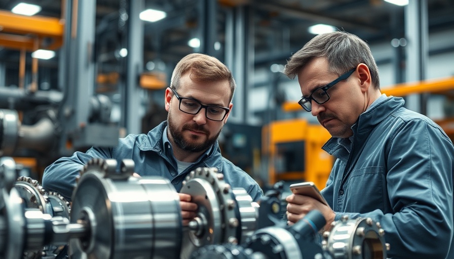 Engineers reviewing metal component in high-tech setting, showcasing fabrication technologies innovations.