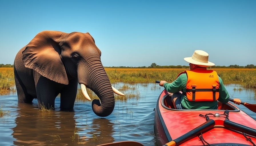 Elephant encounters canoeist in marshland setting.